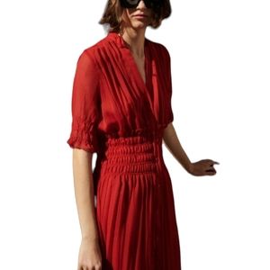Zara Long Maxi Short Sleeve Rouche Button Up Red Womens Evening V-Neck Dress
